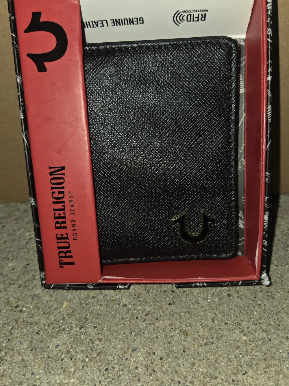 True Religion Black Textured Leather Bifold Wallet with Gold Logo